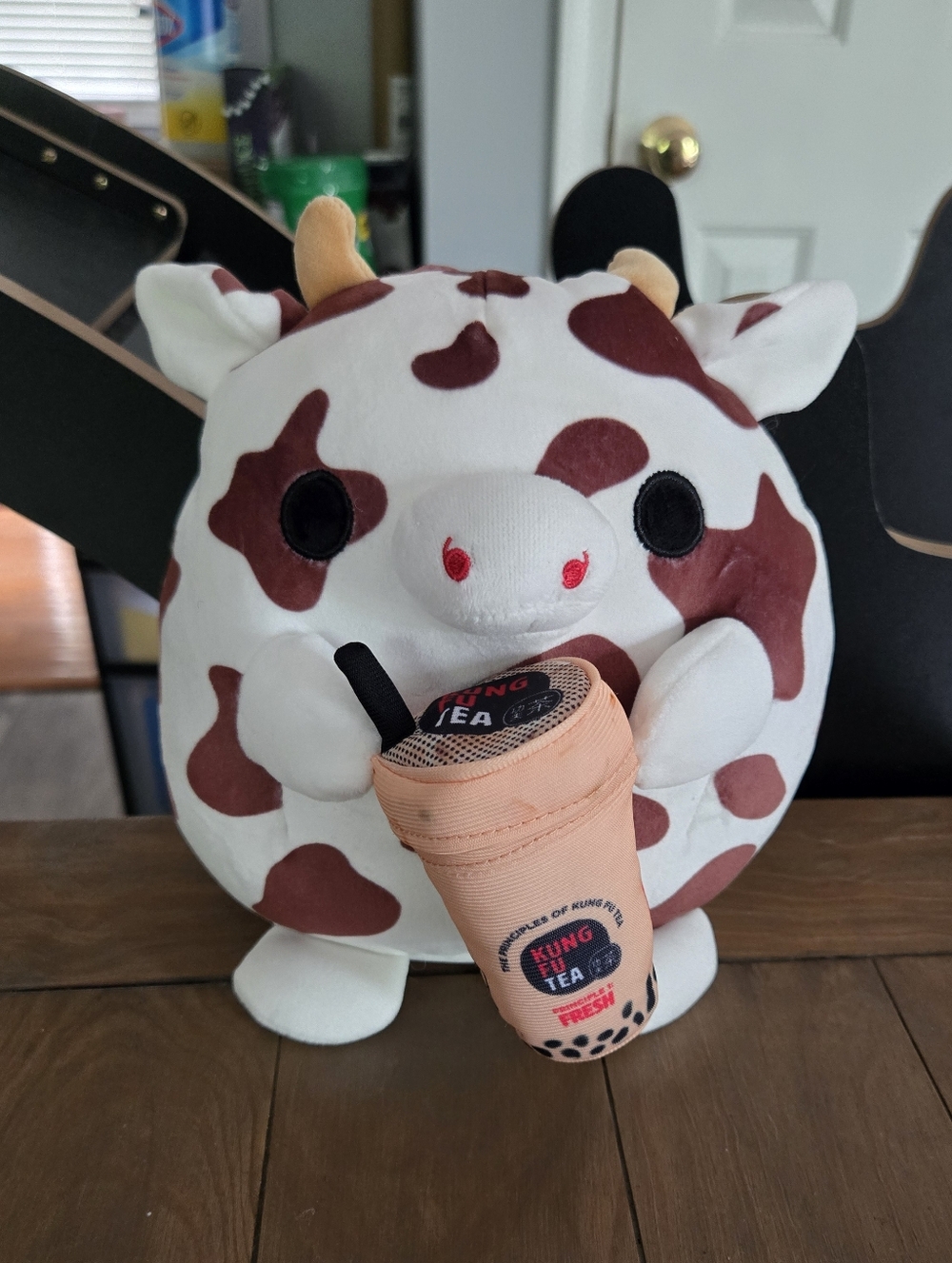 Plush Cow With Kung Fu Bubble Tea White & Brown